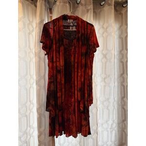 Sami & Jo Womens 2X Orange Floral Print 2 Piece Dress Set Sheer Overlay